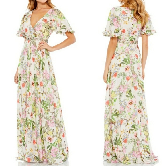 Mac Duggal Floral Print Faux Wrap Flutter Sleeve ALine Gown Size 6 Garden - Picture 1 of 8